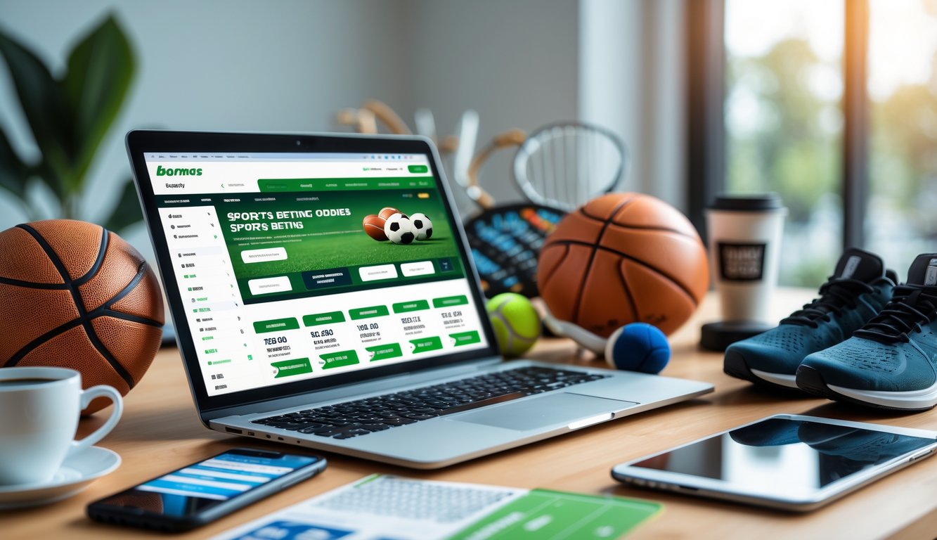 Seorang pria menggunakan laptop di meja dengan peralatan olahraga di sekitar, menampilkan konsep taruhan olahraga online.
