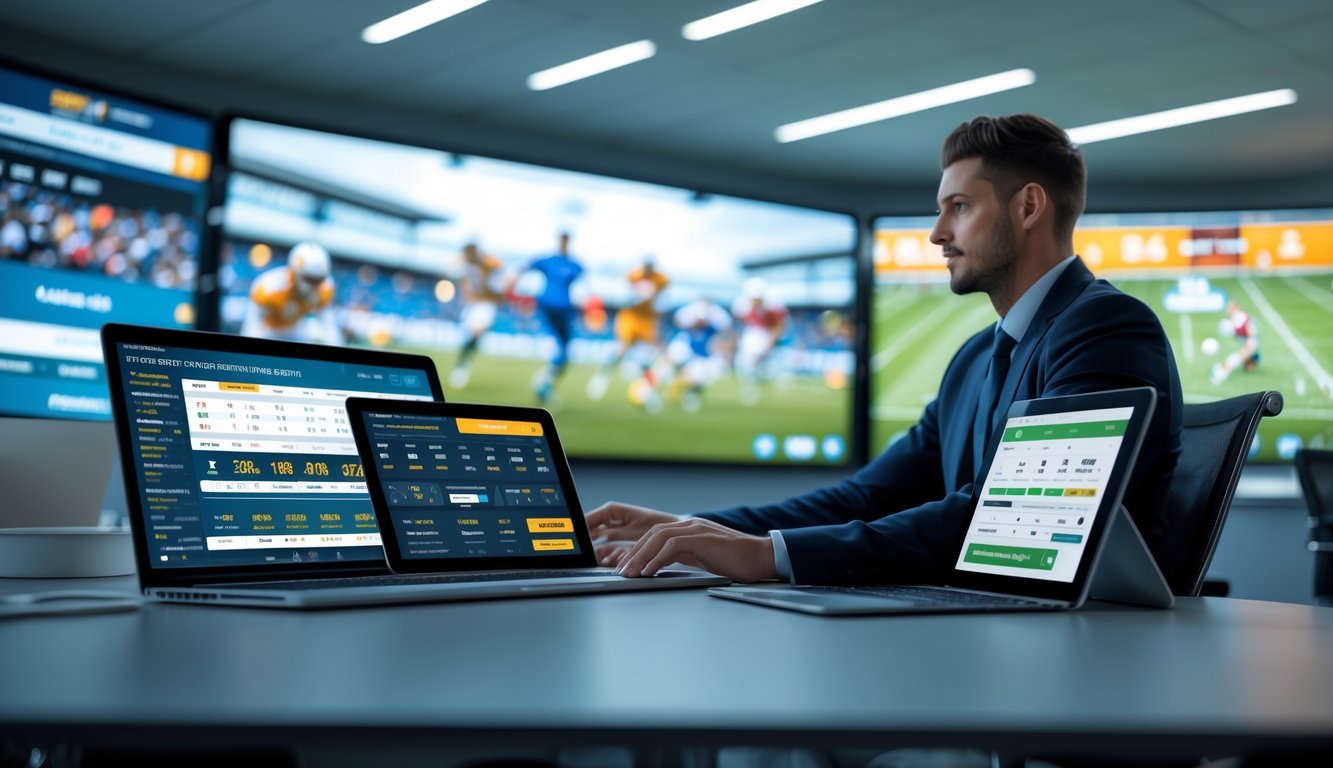 Seorang profesional sedang menganalisis data taruhan olahraga online di depan beberapa perangkat digital di kantor modern.
