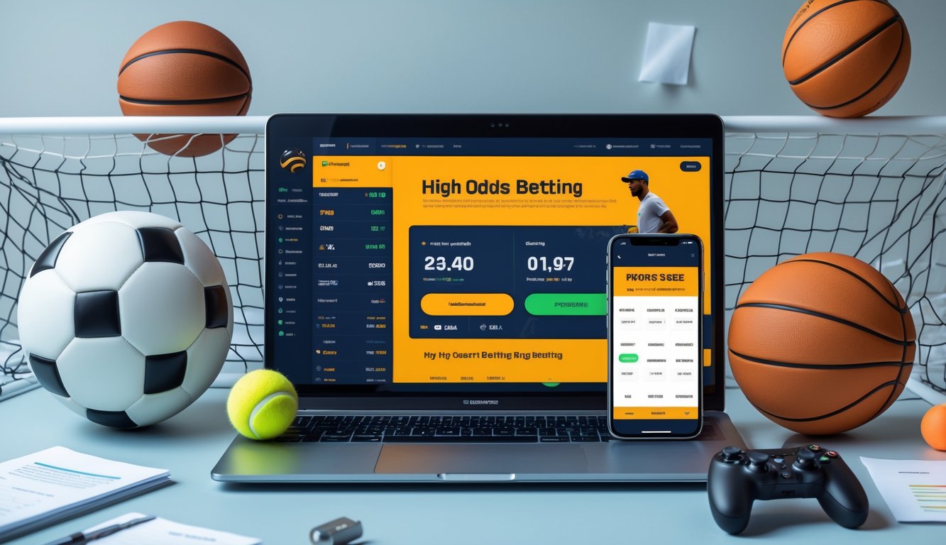 Seorang pengguna menggunakan laptop dan ponsel untuk taruhan olahraga online dengan bola sepak, bola basket, raket tenis, dan kontroler game di sekitarnya.