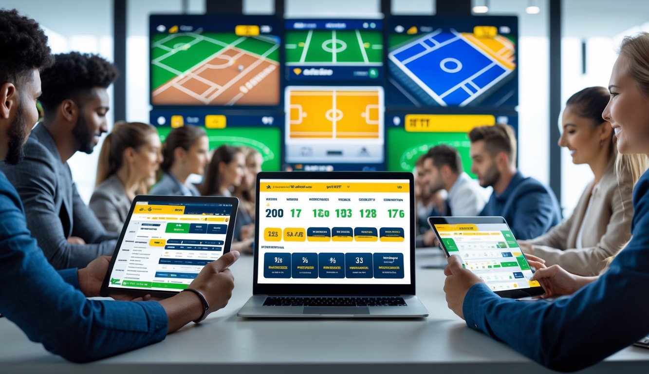 Orang-orang menggunakan perangkat digital untuk memasang taruhan olahraga online dengan tampilan berbagai olahraga seperti sepak bola, basket, tenis, dan e-sport di layar.