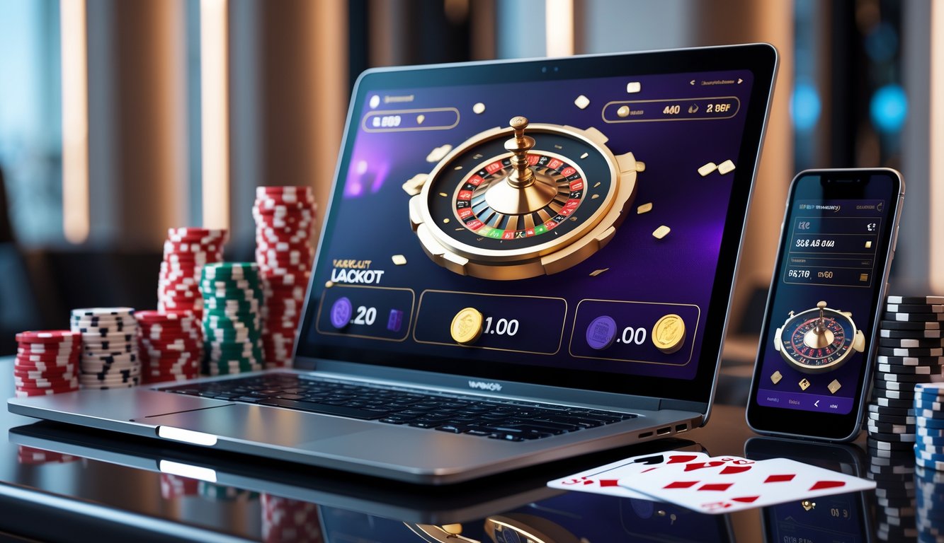 Seorang pemain sedang bermain blackjack online dengan laptop dan chip poker di atas meja, suasana penuh fokus dan antisipasi.