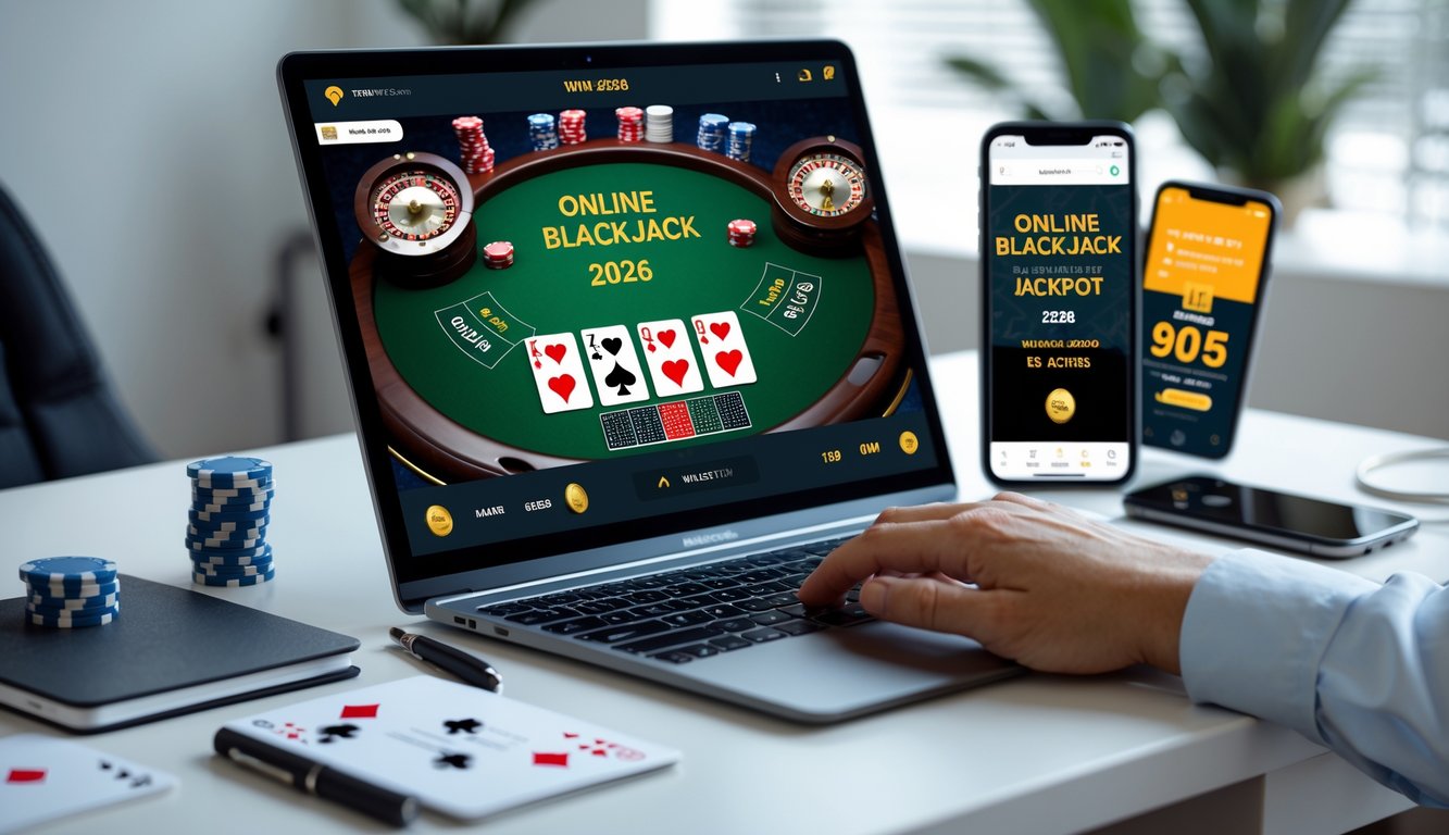 Seorang pemain blackjack online fokus pada layar komputer yang menampilkan permainan blackjack dengan kartu dan chip, di meja kerja dengan catatan strategi dan ponsel yang menunjukkan notifikasi kemenangan.