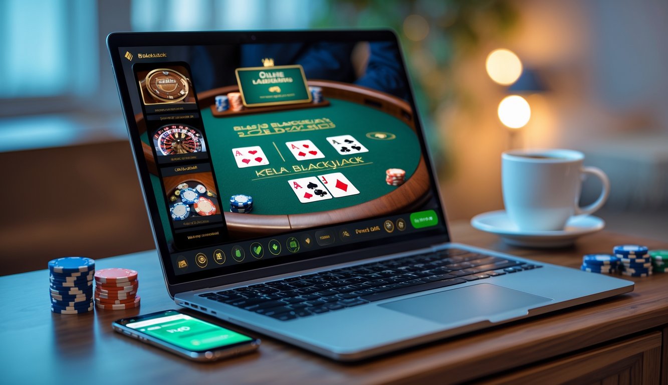 Seorang pemain sedang bermain blackjack online di laptop dengan chip poker dan ponsel di meja kayu.
