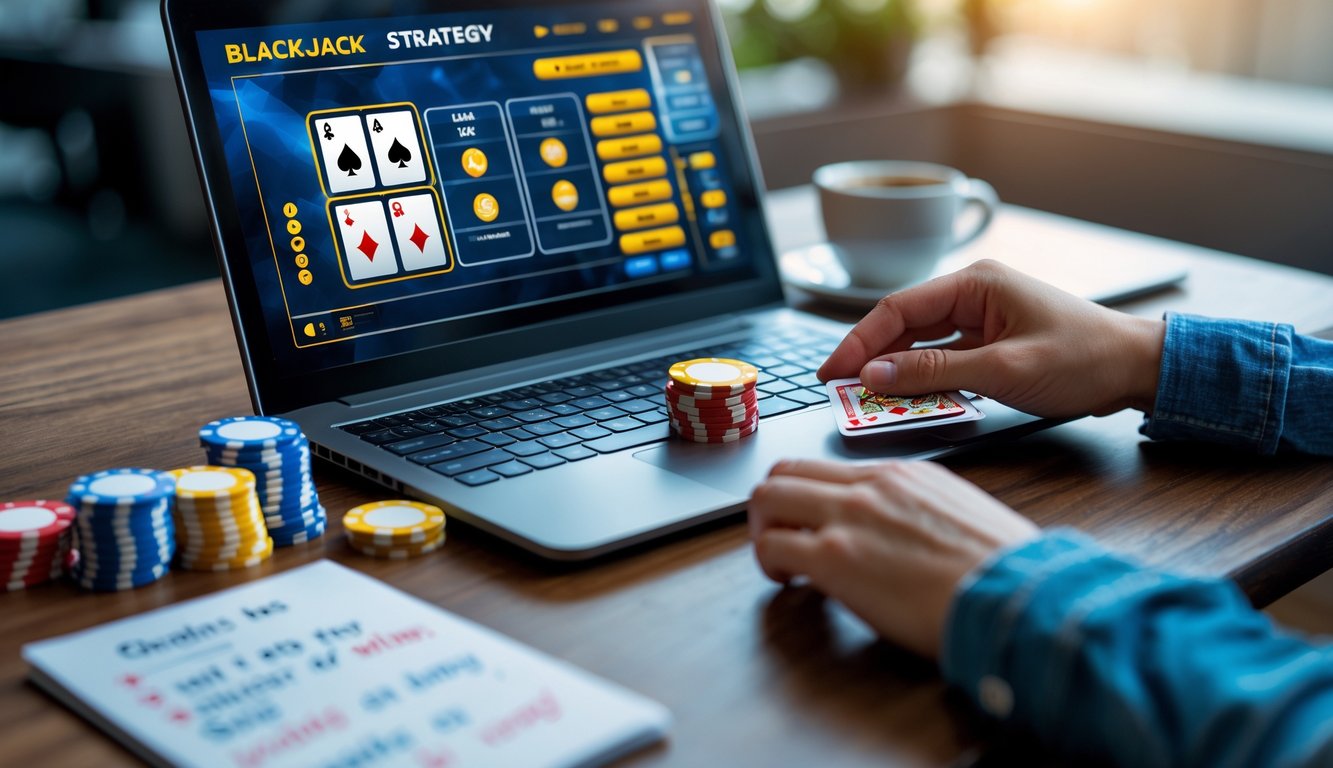 Seseorang sedang bermain blackjack online dengan laptop, kartu dan chip terlihat jelas di meja, suasana fokus dan siap menang.