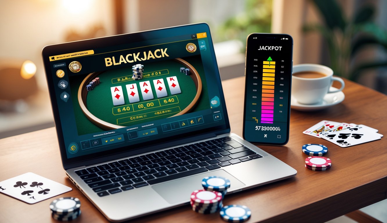 Laptop dan smartphone menampilkan permainan blackjack online dengan elemen kasino seperti kartu dan chip di atas meja kayu.
