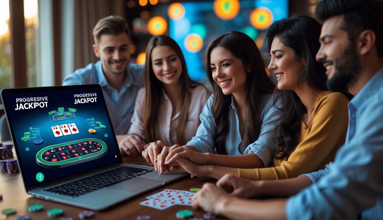 Orang-orang bermain blackjack online dengan laptop dan kartu di meja dalam ruangan yang nyaman.