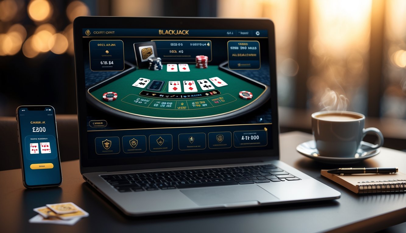 Seorang pemain duduk di depan laptop yang menampilkan permainan blackjack online dengan kartu dan chip, di meja juga terdapat ponsel, buku catatan, dan cangkir kopi.