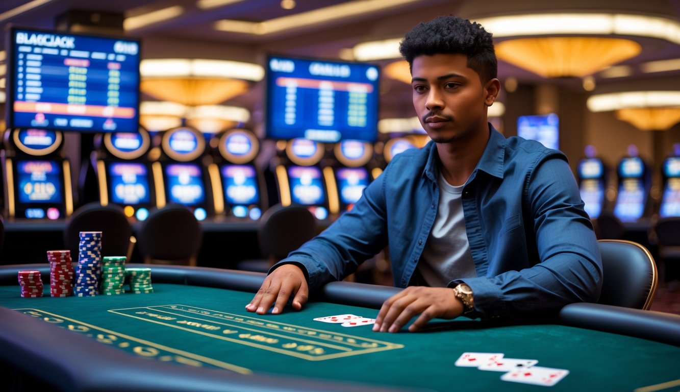 Seorang dewasa muda duduk di meja kasino bermain blackjack dengan kartu dan chip poker di sekitarnya.