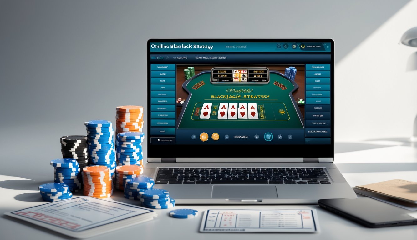 Seorang pria duduk di depan laptop dengan permainan blackjack online, dikelilingi oleh chip poker dan kartu remi di meja kerja.