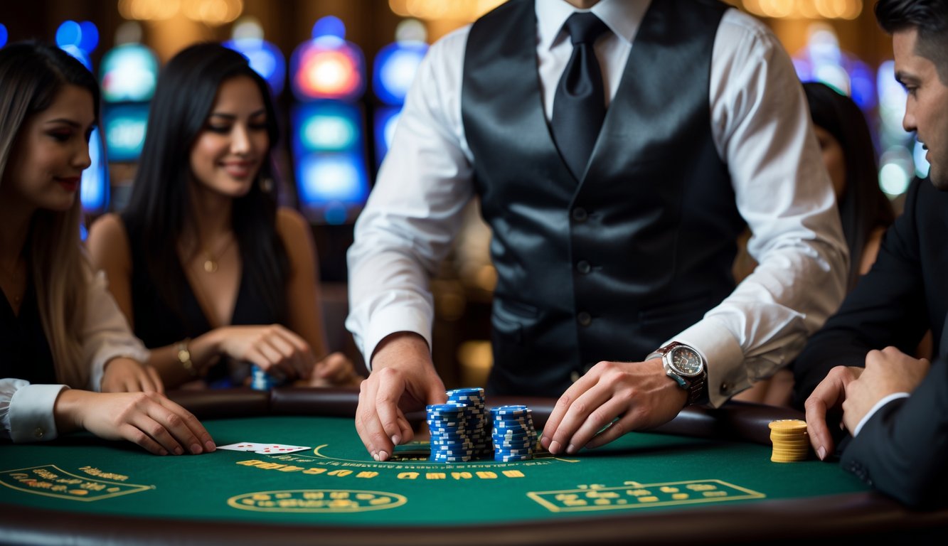 Seorang dealer blackjack profesional sedang membagikan kartu kepada pemain di meja kasino dengan suasana yang elegan dan pencahayaan redup.