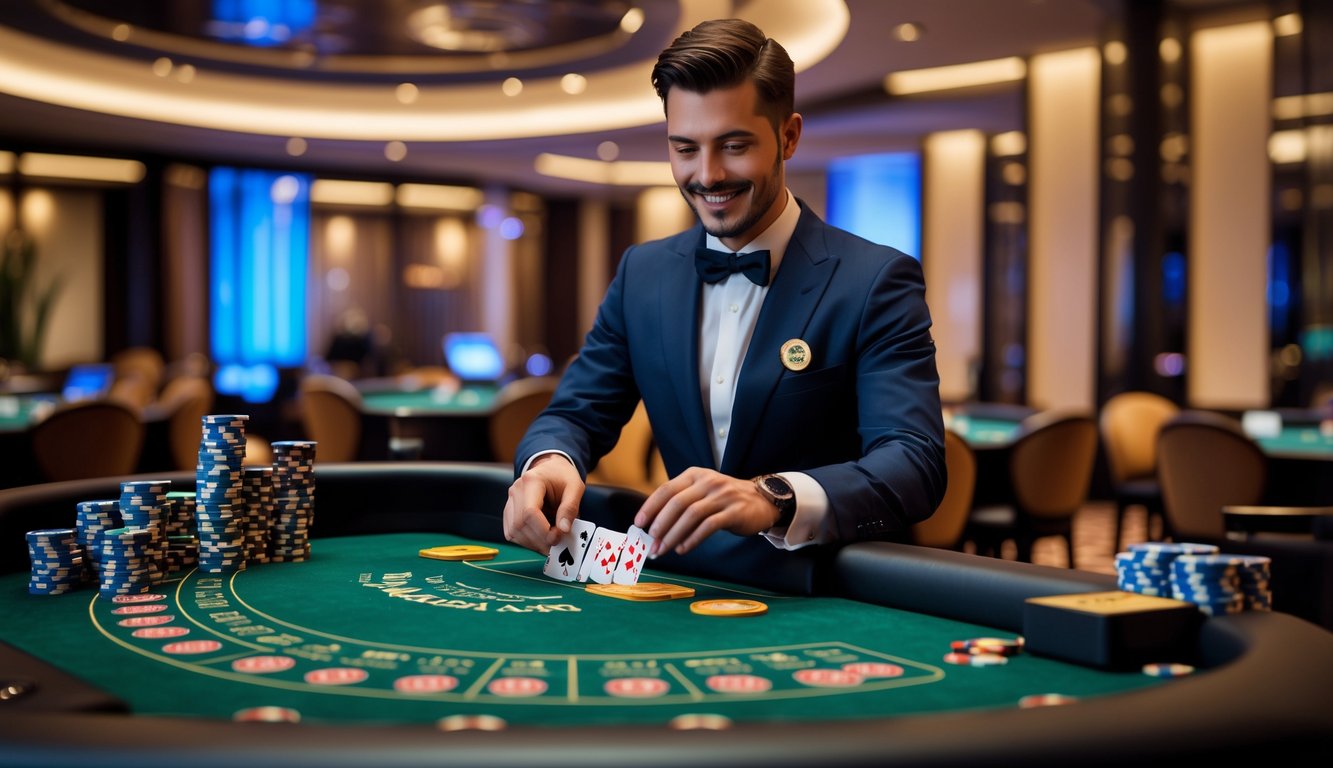 Seorang dealer blackjack profesional sedang membagikan kartu di meja blackjack dengan chip tertata rapi di kasino yang mewah.