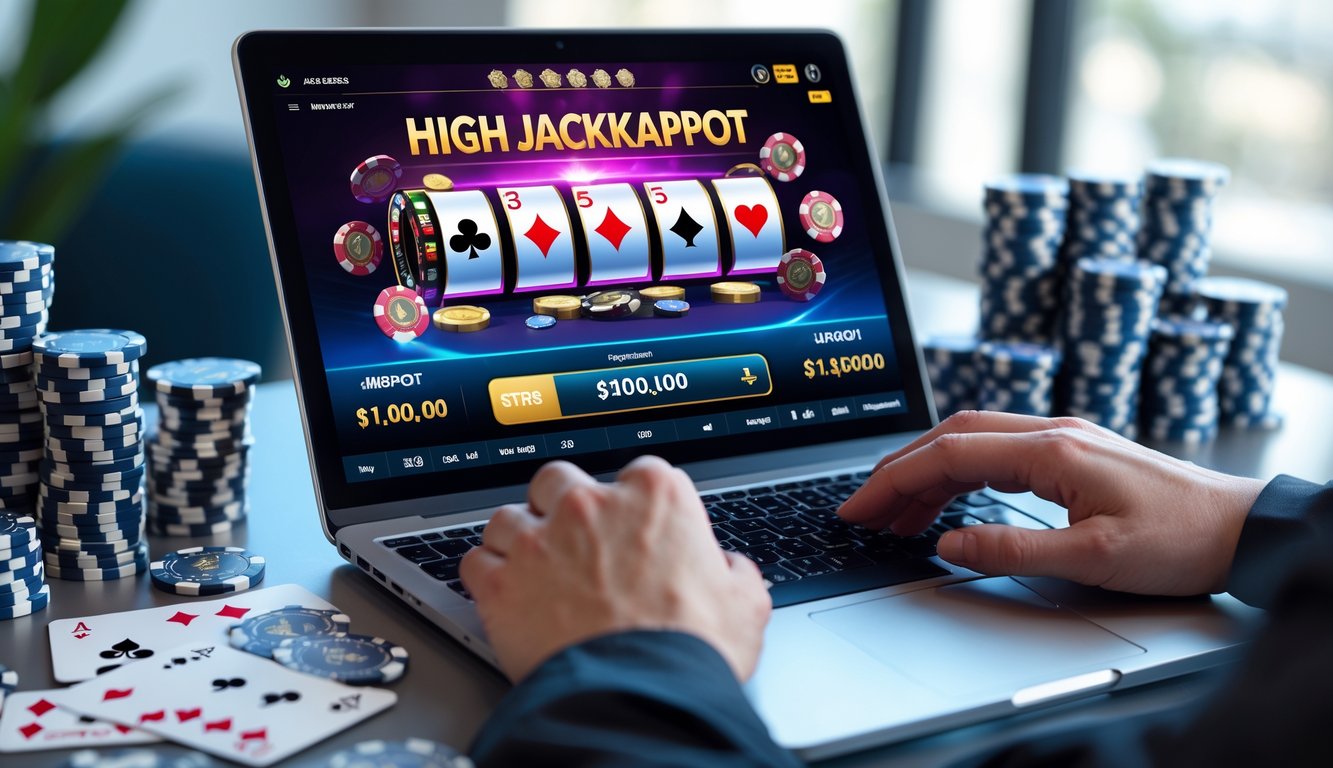 Seseorang sedang bermain blackjack online di komputer dengan tumpukan chip dan kartu di meja.