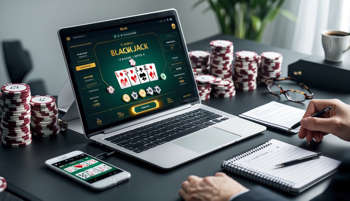 Seorang pemain blackjack online sedang fokus pada layar komputer dengan kartu dan tumpukan chip di meja, menunjukkan suasana kerja yang rapi dan serius.