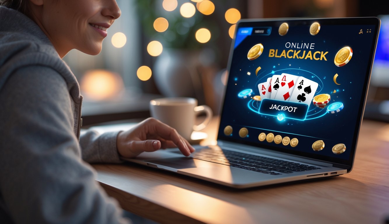 Seorang pemula sedang bermain blackjack online di laptop dengan ekspresi fokus dan suasana ruangan yang nyaman.