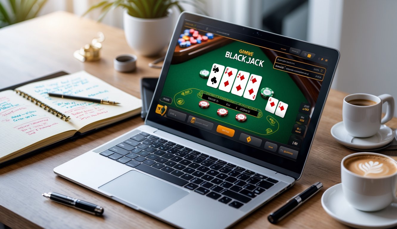Seorang pemula bermain blackjack online di laptop dengan catatan dan alat tulis di meja.