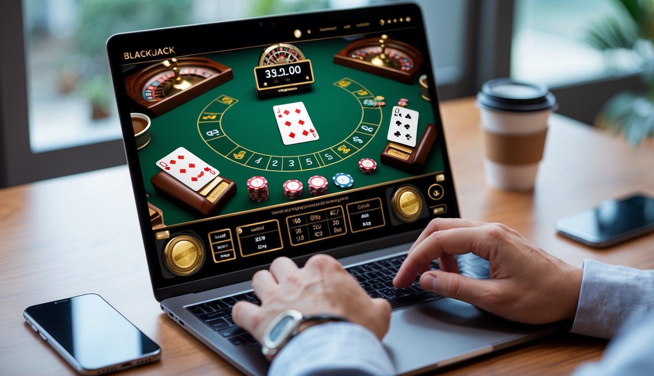 Seseorang bermain blackjack online di laptop dengan meja kartu dan chip terlihat jelas.