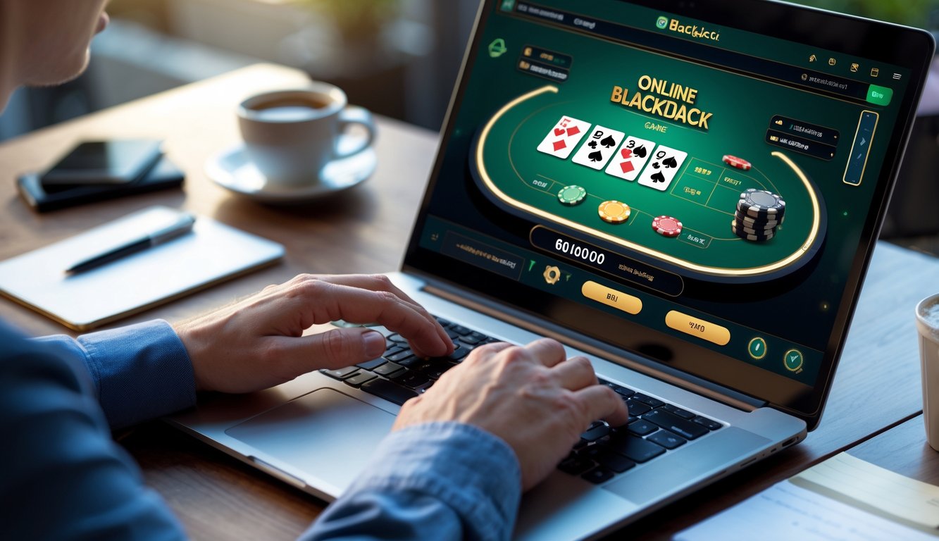 Seseorang menggunakan laptop yang menampilkan permainan blackjack online dengan kartu dan chip, di meja kerja dengan kopi dan ponsel di samping.