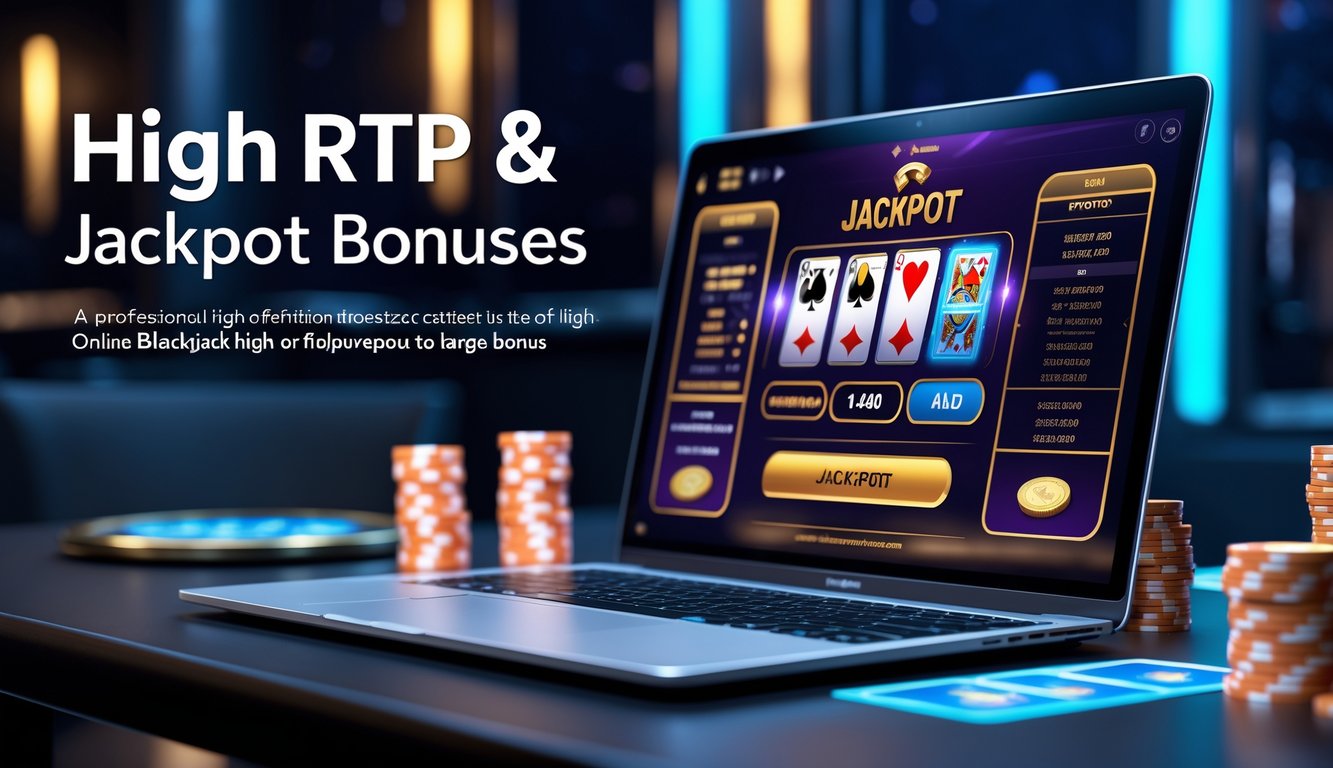 Seorang pemain sedang bermain blackjack online di komputer dengan tampilan jackpot dan chip di layar.