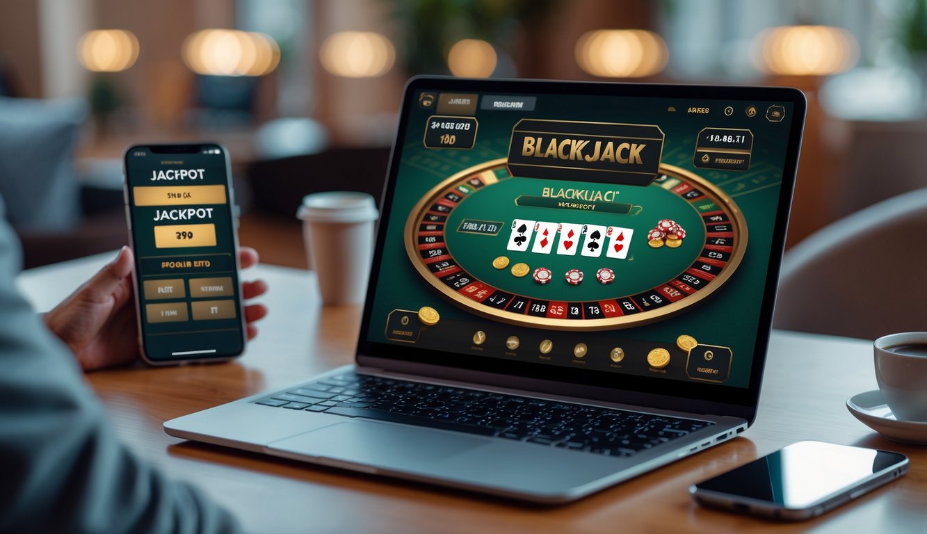 Seorang pemain sedang bermain blackjack online di laptop dengan tampilan jackpot dan bonus besar di layar.