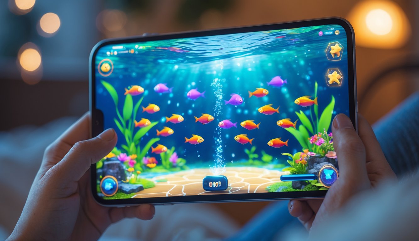 Seseorang memegang perangkat digital yang menampilkan permainan tembak ikan dengan ikan berwarna-warni di layar.