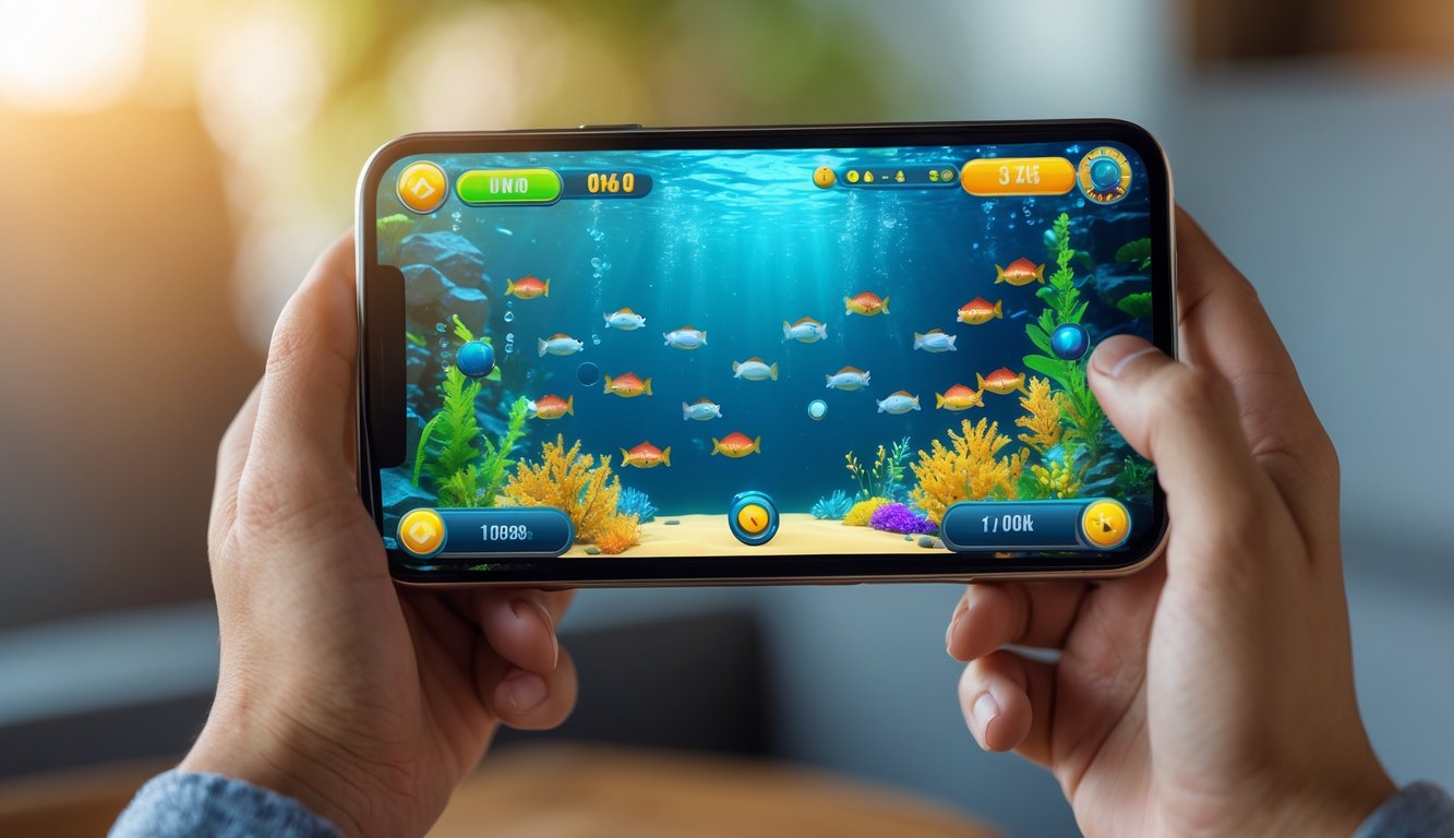 Seseorang memegang ponsel yang menampilkan permainan tembak ikan dengan latar bawah laut berwarna-warni.