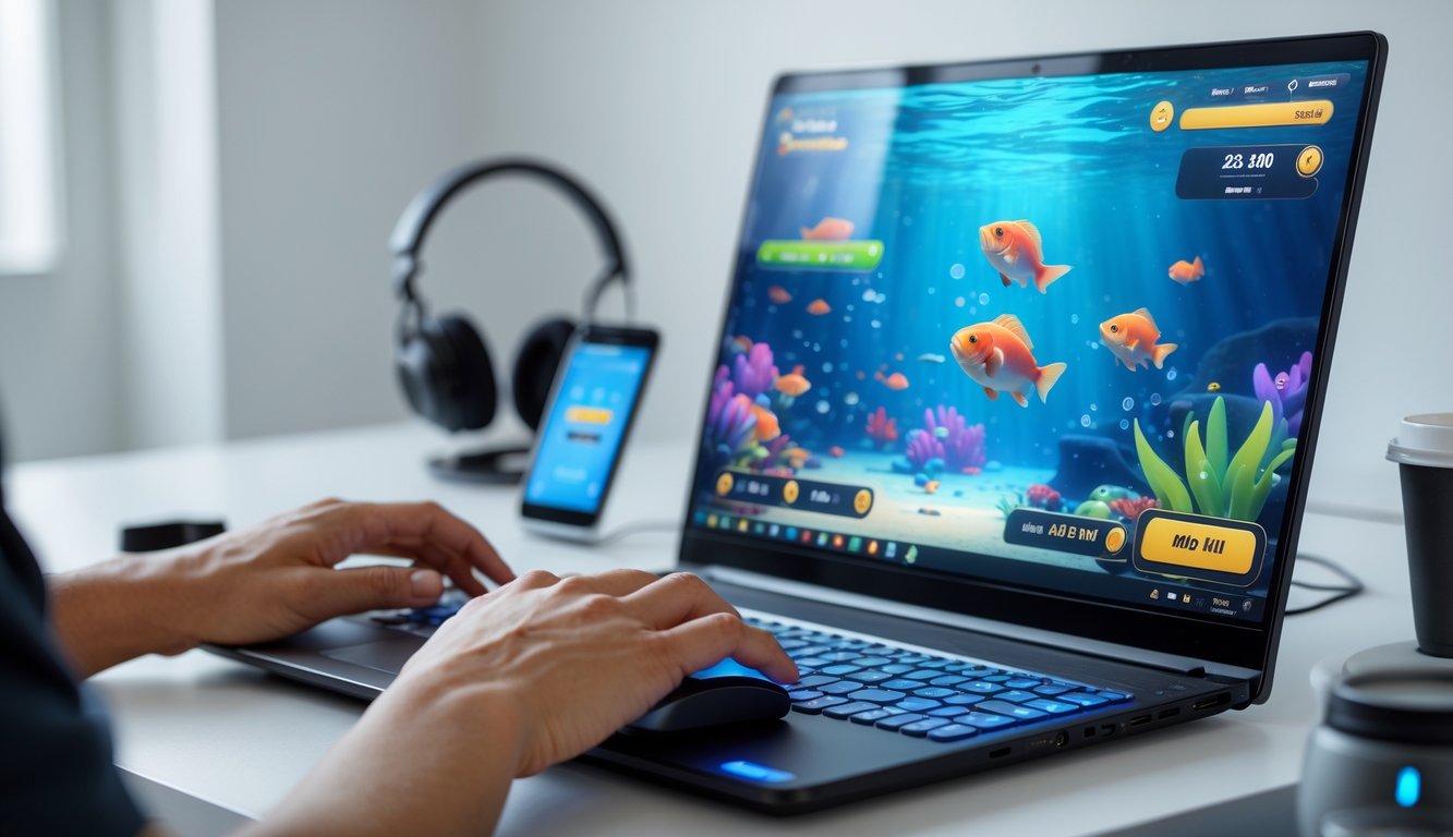 Seorang pria muda fokus menggunakan laptop untuk bermain judi tembak ikan dengan saldo deposit kecil di smartphone di meja kerja yang rapi.