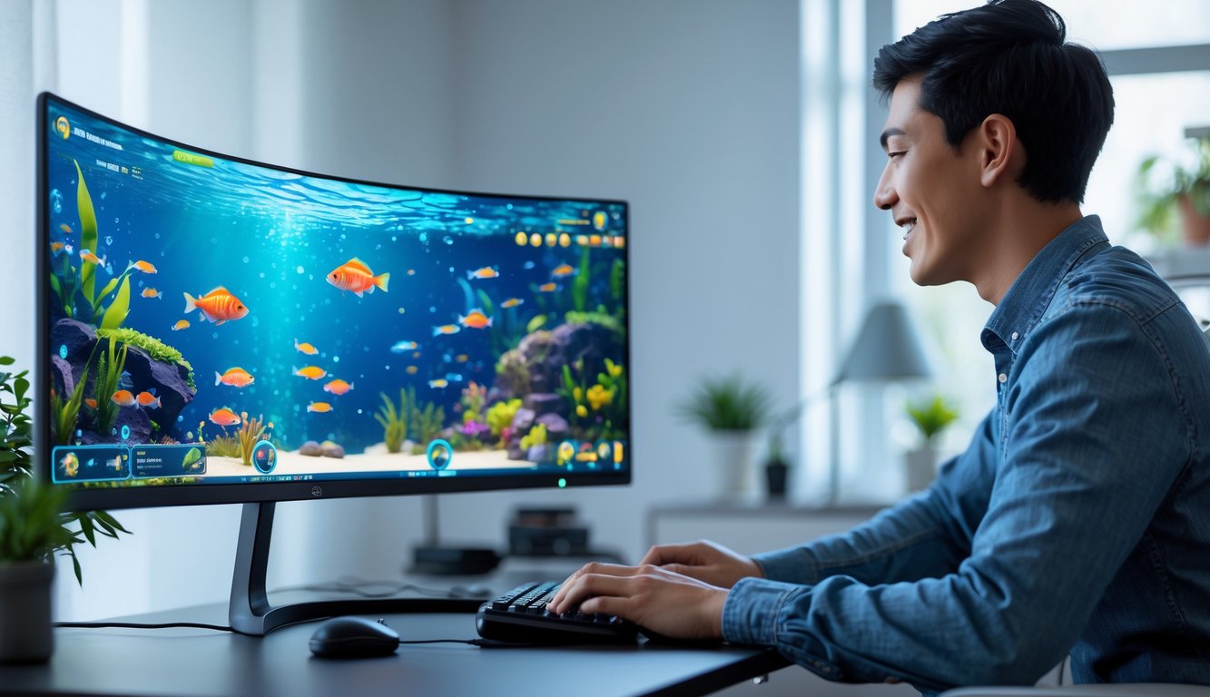 Seorang pria sedang bermain game memancing ikan di komputer dengan latar ruang kerja modern.