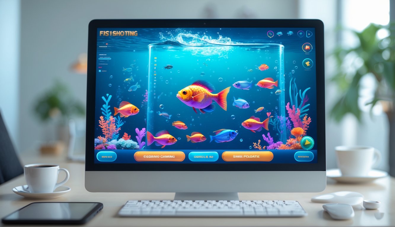 Tampilan layar perangkat digital dengan permainan tembak ikan berwarna-warni di latar ruang kerja modern.