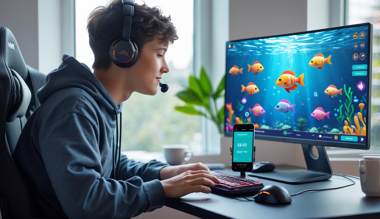 Seorang dewasa muda sedang bermain permainan tembak ikan di komputer dengan suasana santai dan pencahayaan alami.