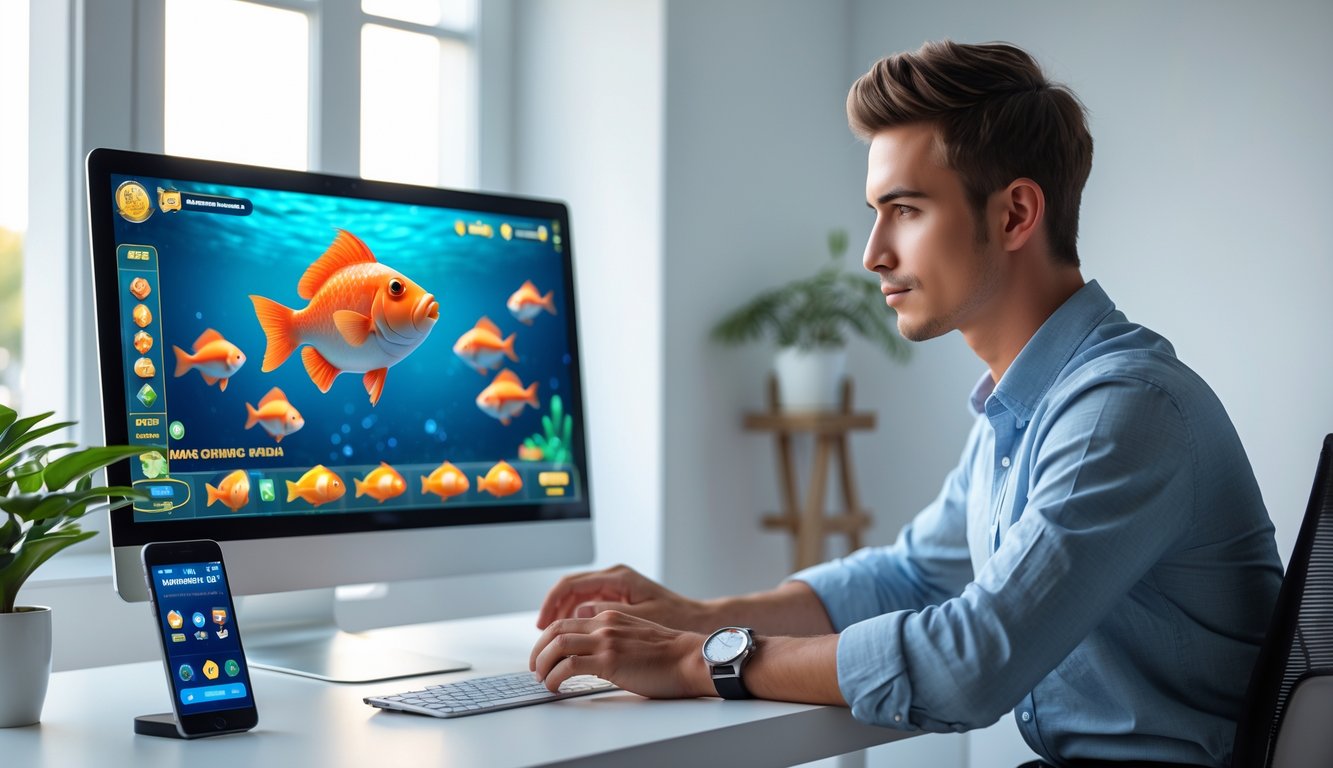 Seorang pria muda duduk di meja modern sambil bermain permainan judi tembak ikan di komputer dengan ponsel di sampingnya, di ruangan yang terang dan rapi.