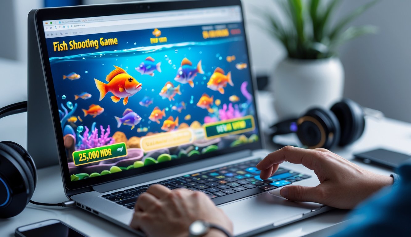 Seseorang sedang bermain game tembak ikan di komputer dengan latar ruangan yang rapi dan terang.
