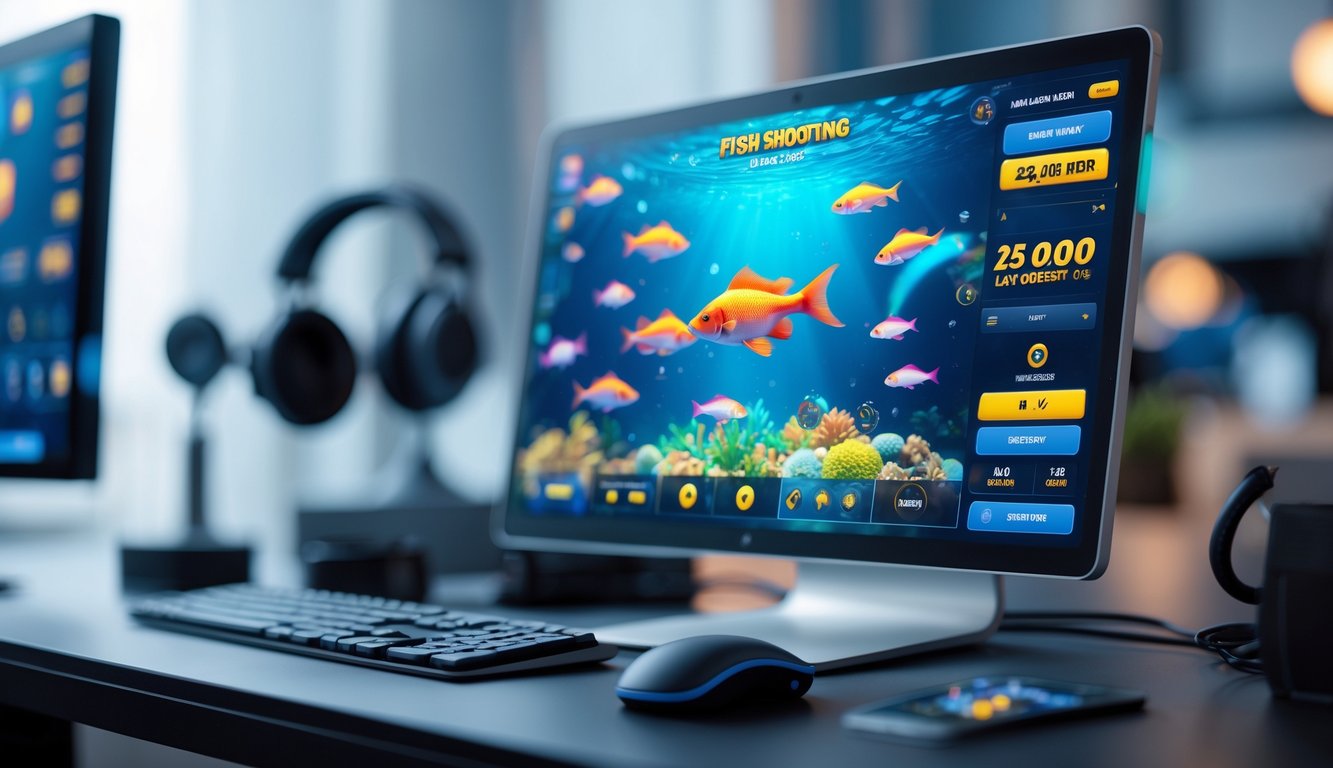 Seorang pemain sedang menggunakan perangkat digital untuk bermain game tembak ikan dengan latar belakang grafis ikan berwarna-warni di layar.