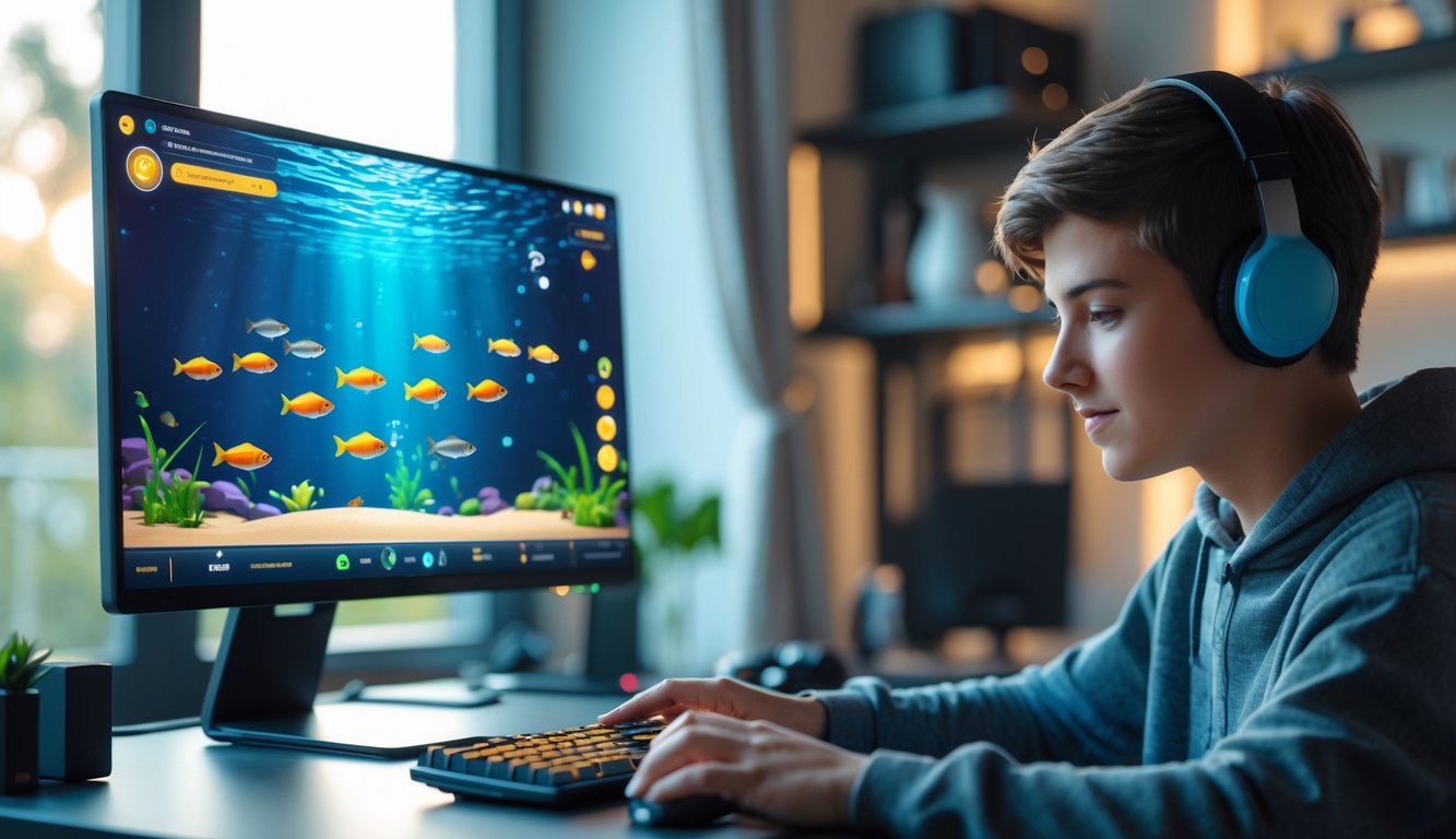 Seorang dewasa muda bermain game tembak ikan di komputer di ruang kerja yang nyaman.