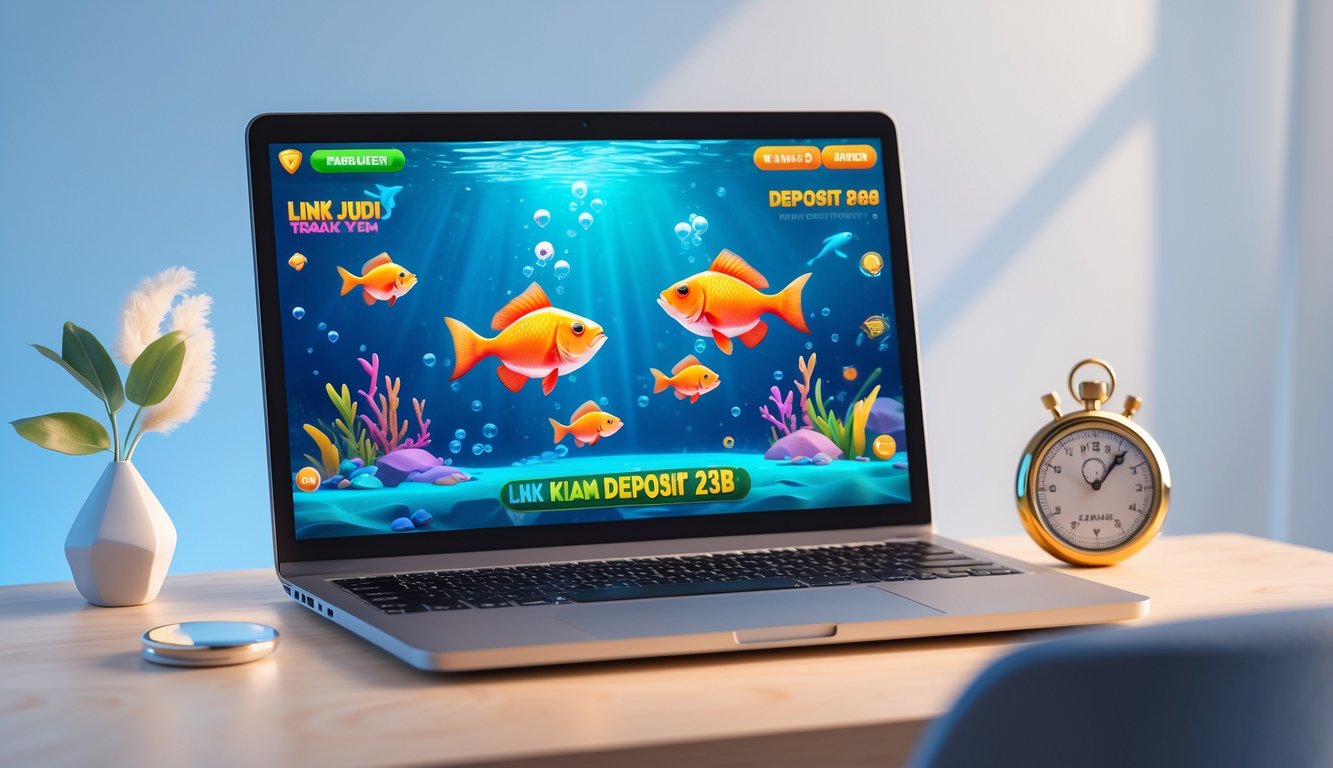 Sebuah komputer dengan layar menampilkan permainan tembak ikan berwarna-warni, dikelilingi ikon keamanan dan kecepatan.