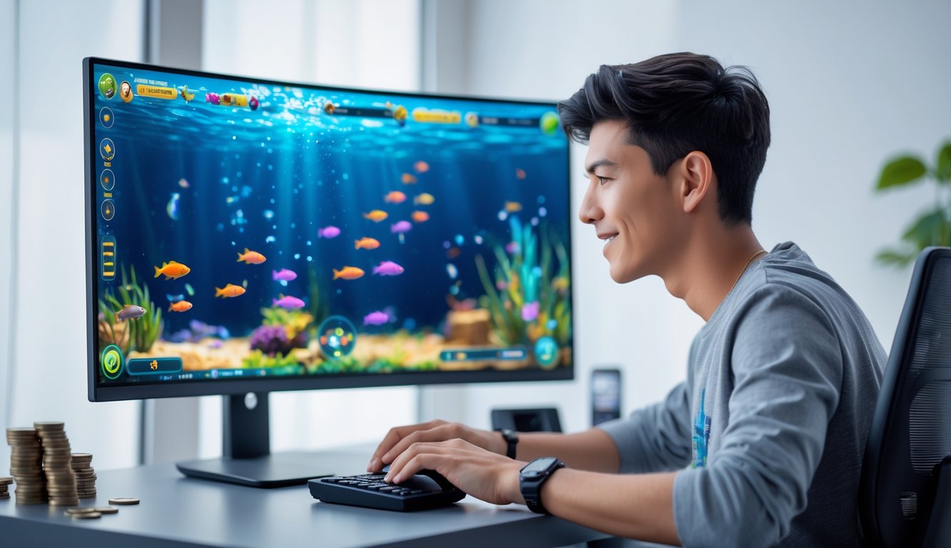Seorang pria muda fokus bermain permainan tembak ikan di komputer di sebuah meja dengan pencahayaan alami.