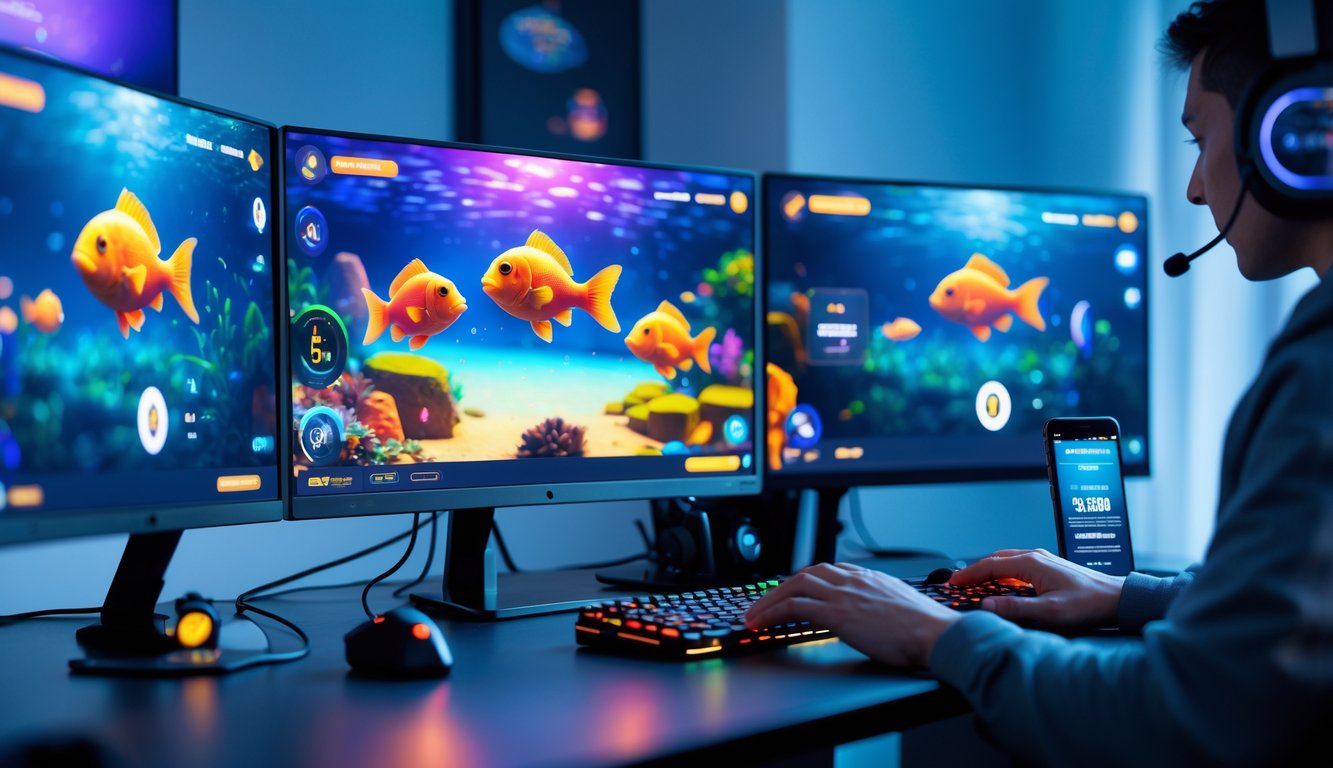 Seseorang sedang bermain permainan judi tembak ikan di komputer dengan tampilan layar penuh warna dan suasana fokus.