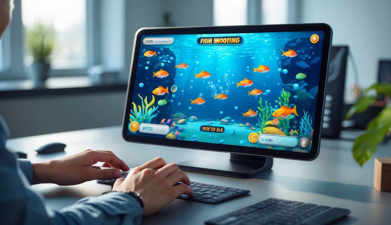 Seseorang sedang bermain game tembak ikan di layar komputer dengan latar belakang meja kerja yang rapi.