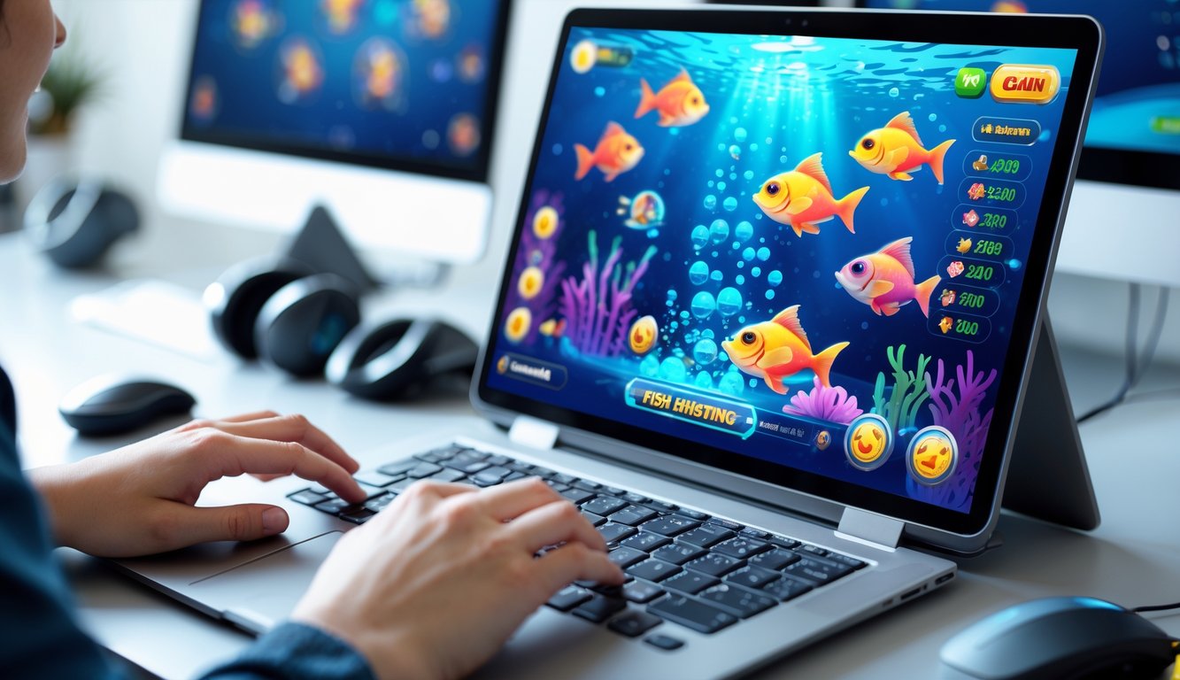 Seseorang bermain permainan tembak ikan di komputer dengan layar menampilkan ikan-ikan berwarna-warni di bawah laut.