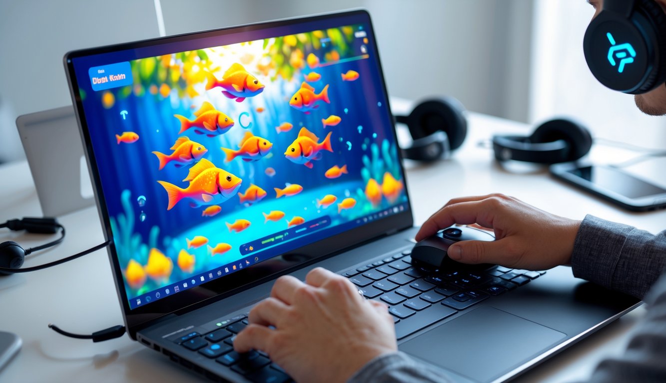 Seseorang bermain game tembak ikan online di depan komputer dengan layar menampilkan ikan berwarna-warni.
