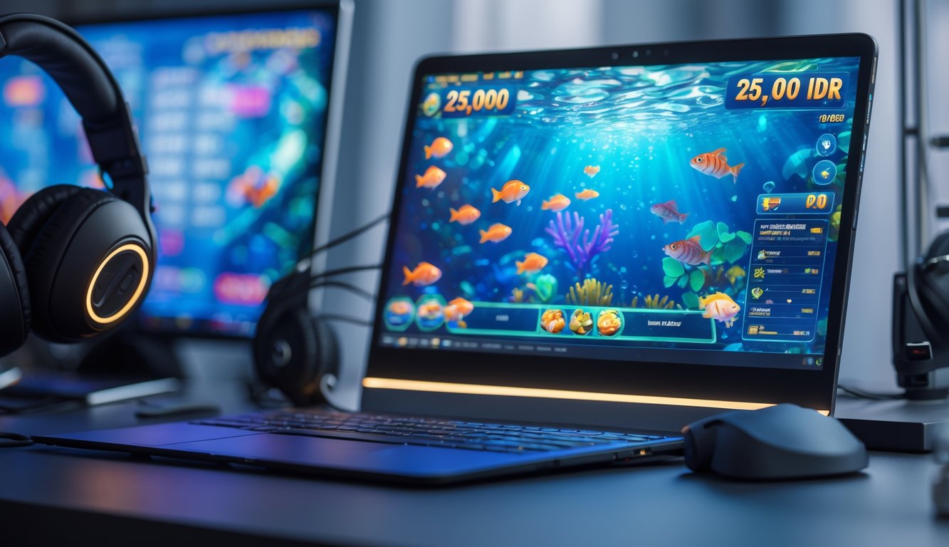 Seseorang sedang bermain permainan tembak ikan online di depan layar komputer dengan aksesori gaming di meja.