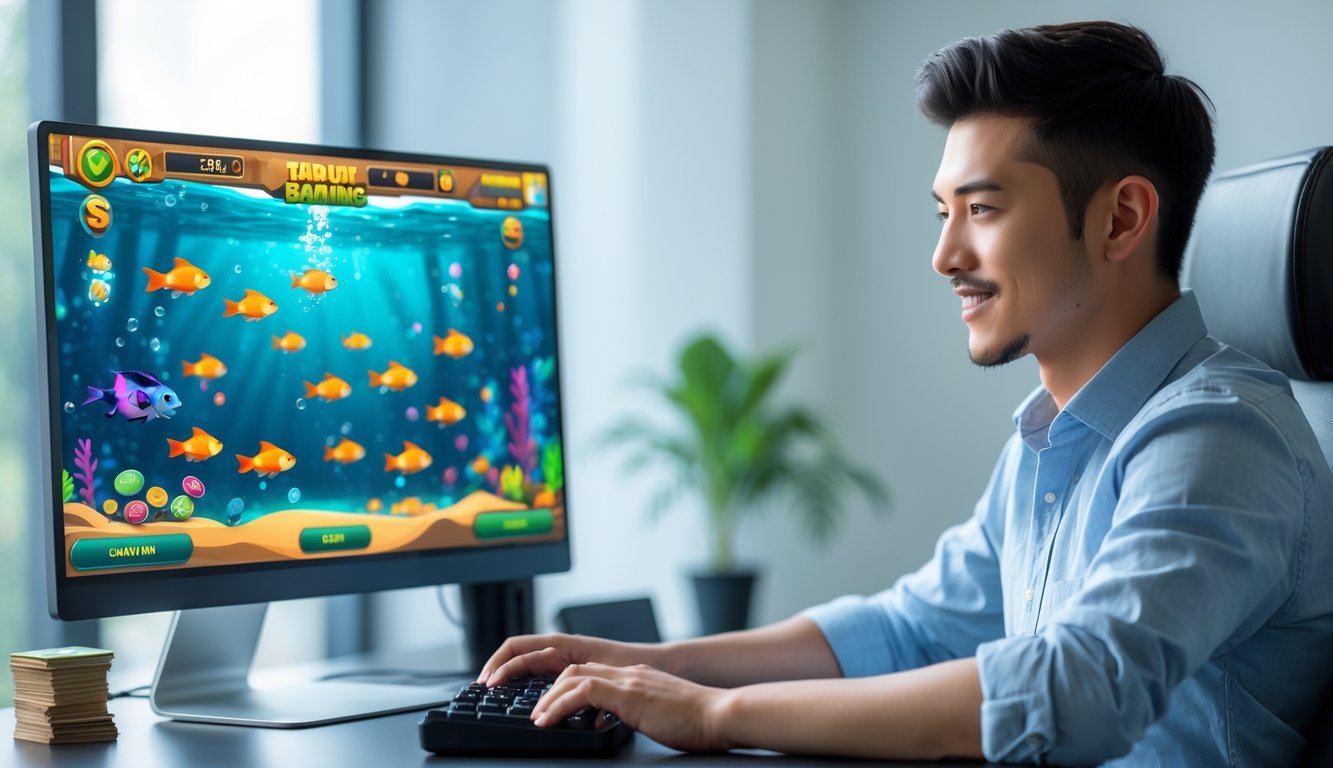 Seorang pria muda duduk di meja dengan komputer yang menampilkan permainan tembak ikan, terlihat fokus dan percaya diri.