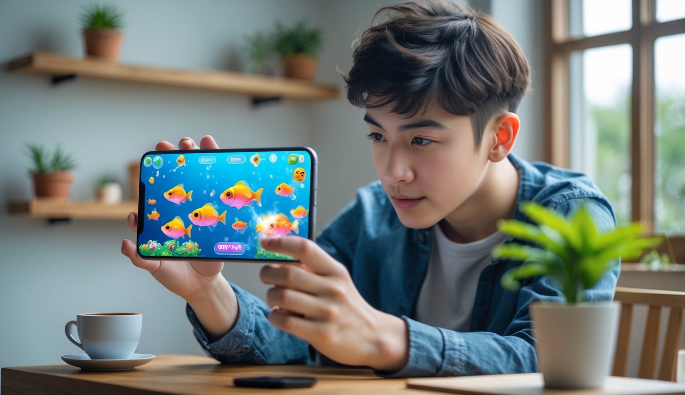 Seorang dewasa muda fokus bermain permainan judi tembak ikan di ponsel pintar di dalam ruangan yang nyaman.