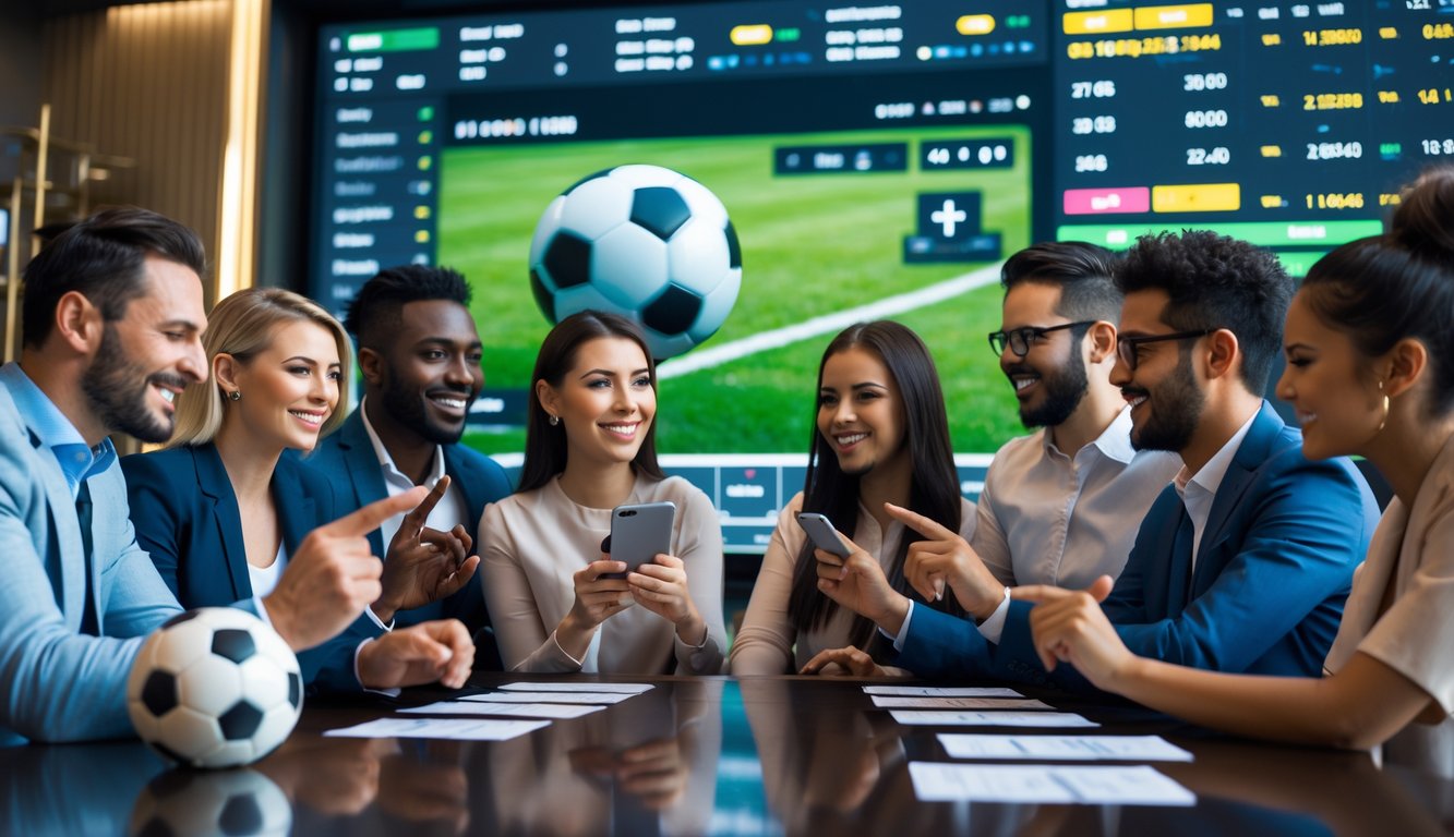 Sekelompok orang muda yang antusias mengamati layar besar dengan statistik pertandingan sepak bola di ruangan modern.