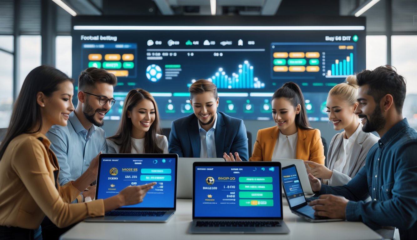 Sekelompok orang muda menggunakan perangkat digital untuk taruhan bola dengan suasana kantor modern yang cerah dan dinamis.