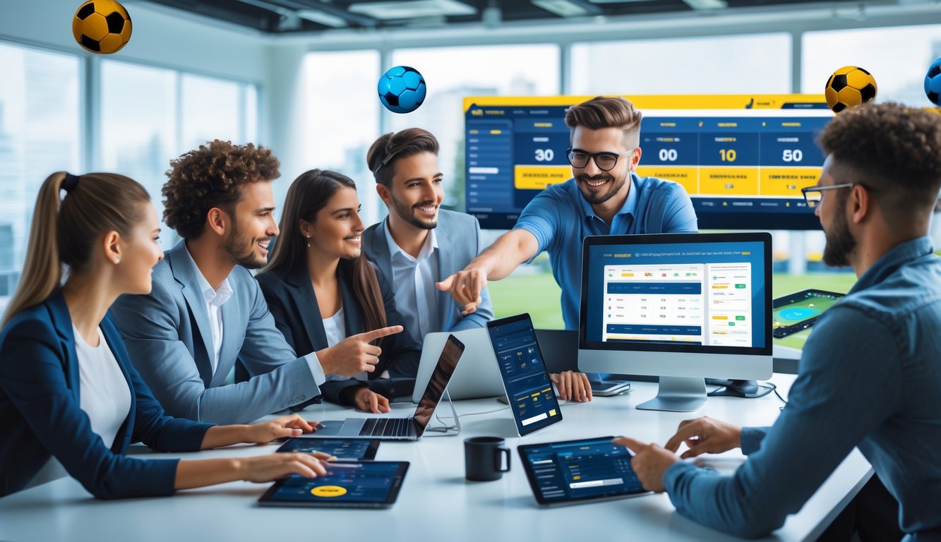 Sekelompok orang muda di kantor modern sedang melihat layar perangkat digital yang menampilkan informasi taruhan bola dengan suasana profesional.