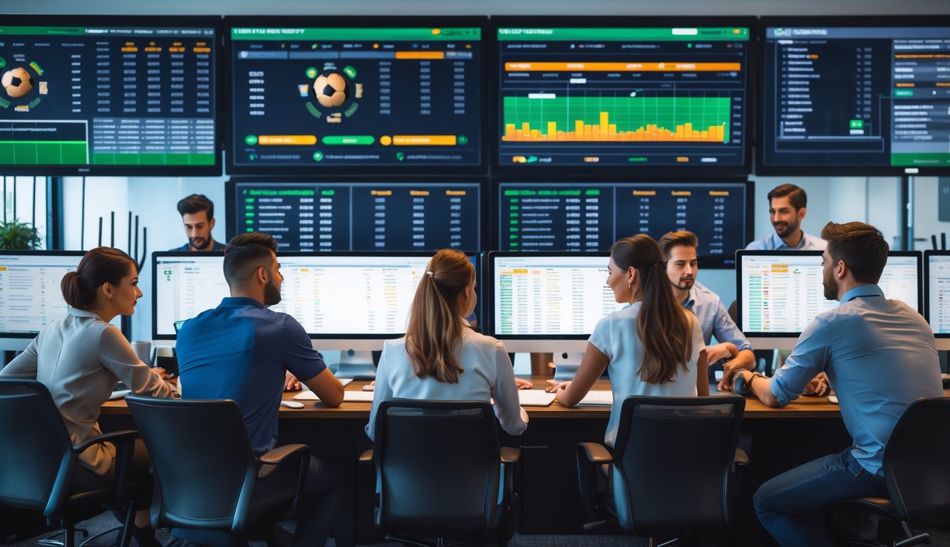 Orang-orang di kantor modern sedang menganalisis statistik pertandingan sepak bola dan peluang taruhan.