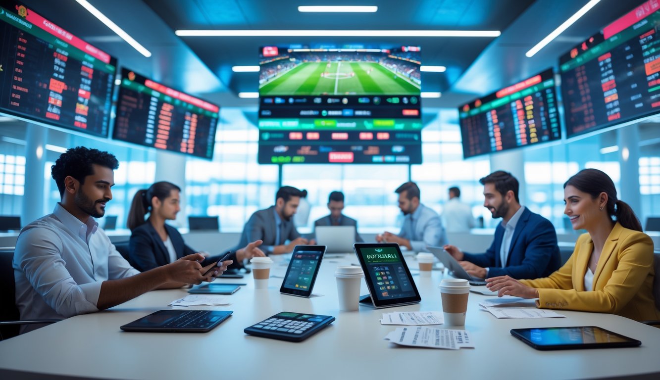 Orang-orang sedang memasang taruhan pada pertandingan sepak bola dengan layar besar menampilkan pertandingan langsung di ruangan modern.