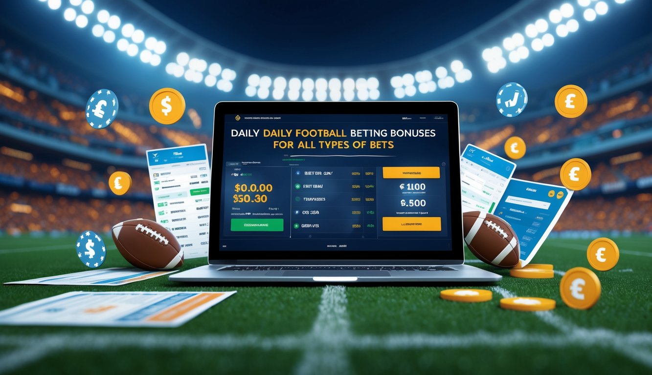 Seorang pria menggunakan laptop di meja kerja dengan layar menampilkan peluang taruhan bola, di latar belakang stadion sepak bola dengan penonton bersorak.