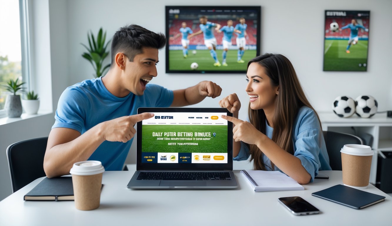 Dua orang muda duduk bersama di meja dengan laptop yang menampilkan situs taruhan bola, terlihat antusias dan fokus, dengan latar belakang dekorasi bertema sepak bola.