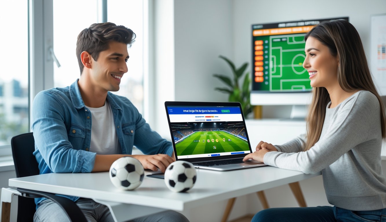Dua orang muda duduk di meja dengan laptop, fokus melihat layar yang menampilkan situs taruhan bola, dengan bola sepak kecil di meja dan papan skor digital di latar belakang.